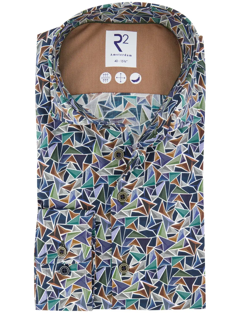 R2 overhemd print blauw katoen lange mouw