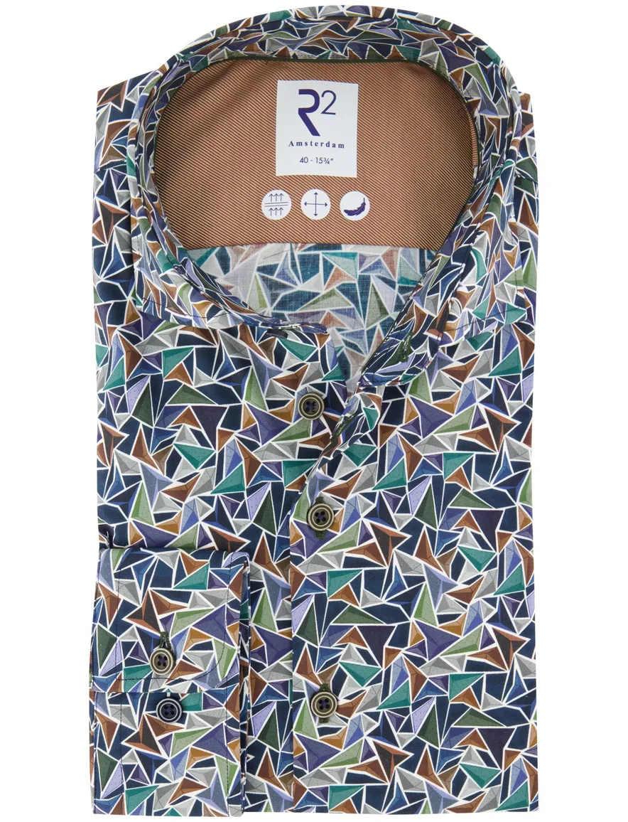 R2 overhemd print blauw katoen modern fit