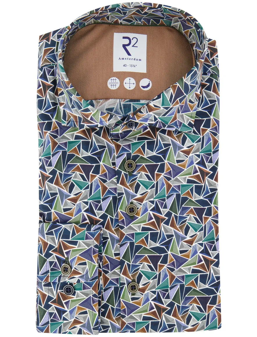R2 overhemd print blauw katoen