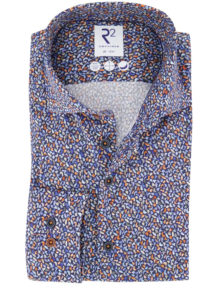 R2 overhemd blauw print katoen semi-wide spread boord