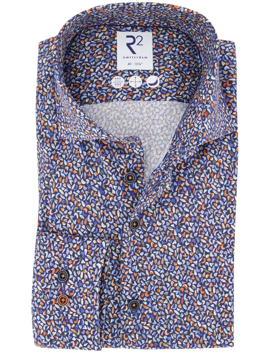 R2 overhemd blauw print katoen