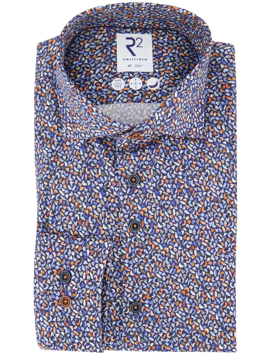 R2 overhemd blauw print katoen lange mouw