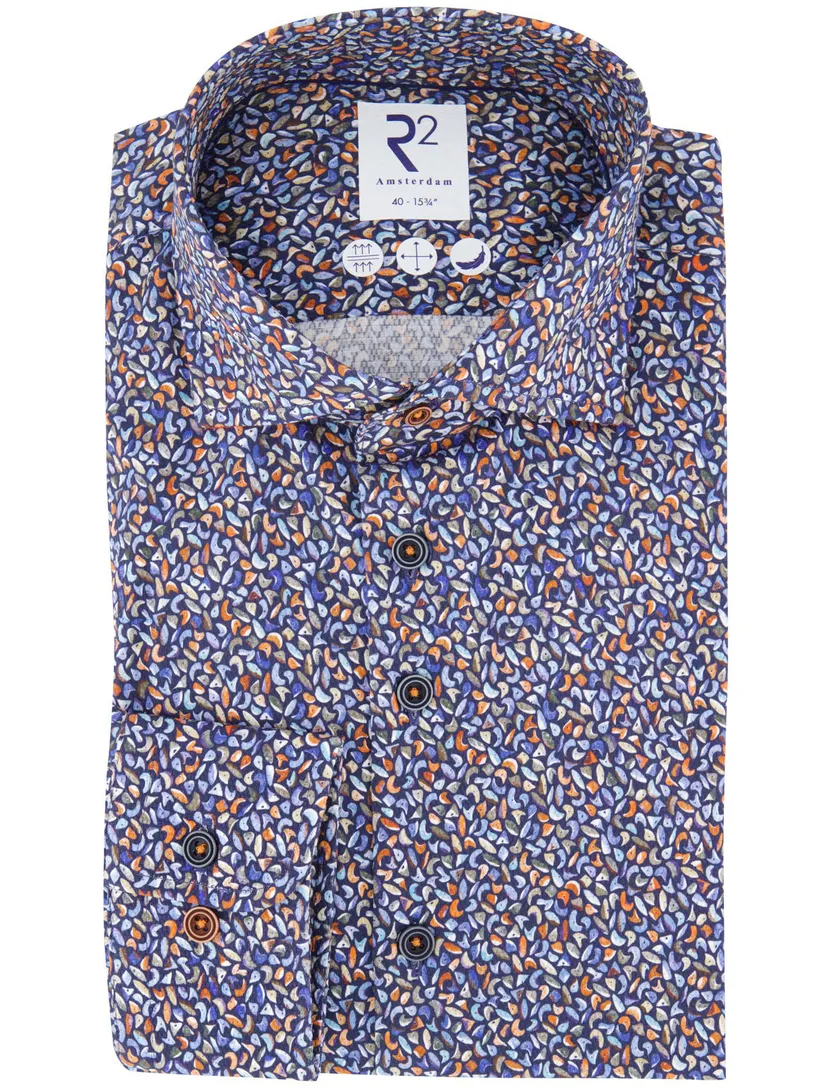 R2 overhemd blauw print katoen semi-wide spread boord