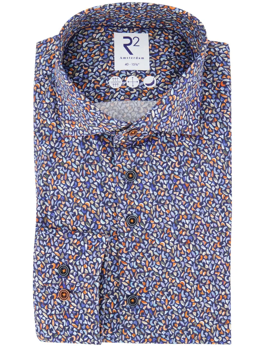 R2 overhemd blauw print katoen