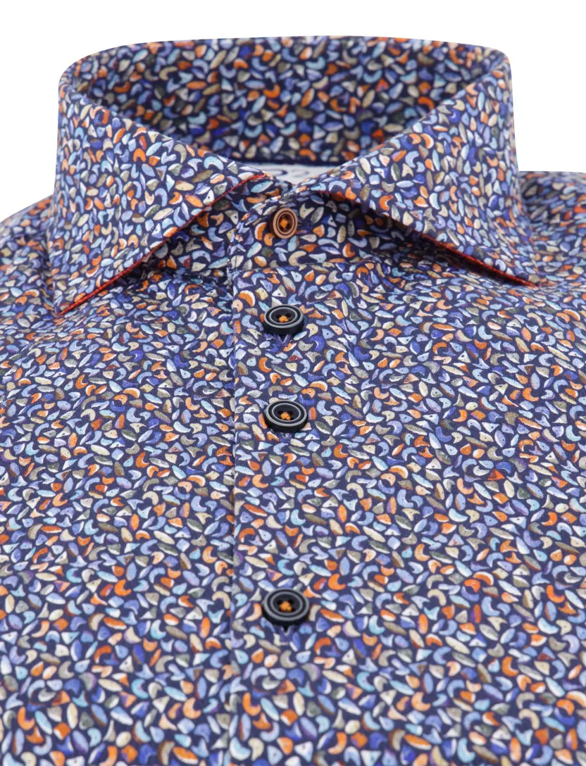 R2 overhemd blauw print katoen semi-wide spread boord