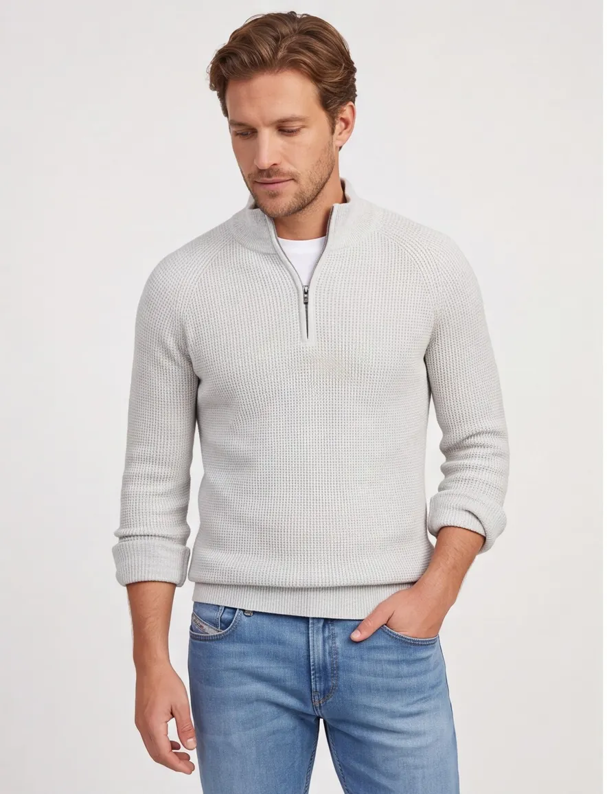 Gentiluomo half zip trui lichtgrijs effen