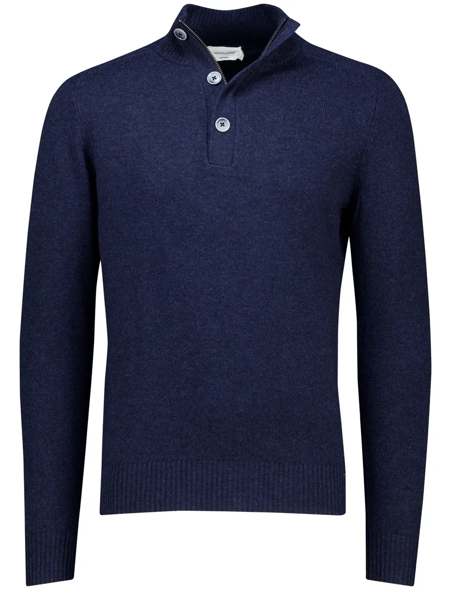 Gentiluomo trui met rits en knopen blauw effen normale fit