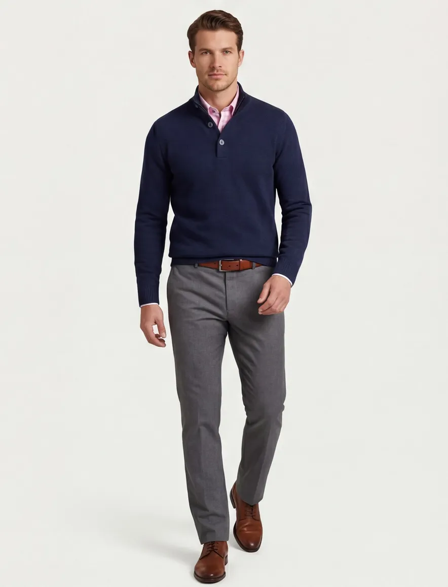 Gentiluomo trui met rits en knopen blauw effen normale fit