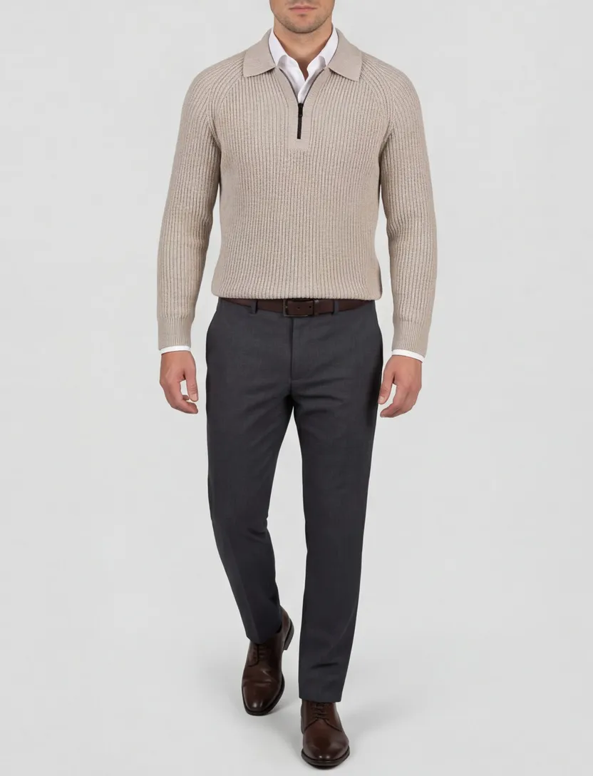 Genti half zip trui beige gebreid katoen