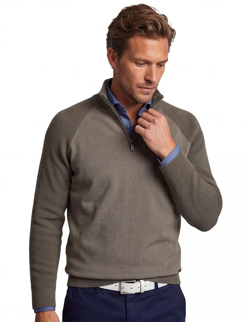 trui Genti effen khaki normale fit katoen turtleneck rits