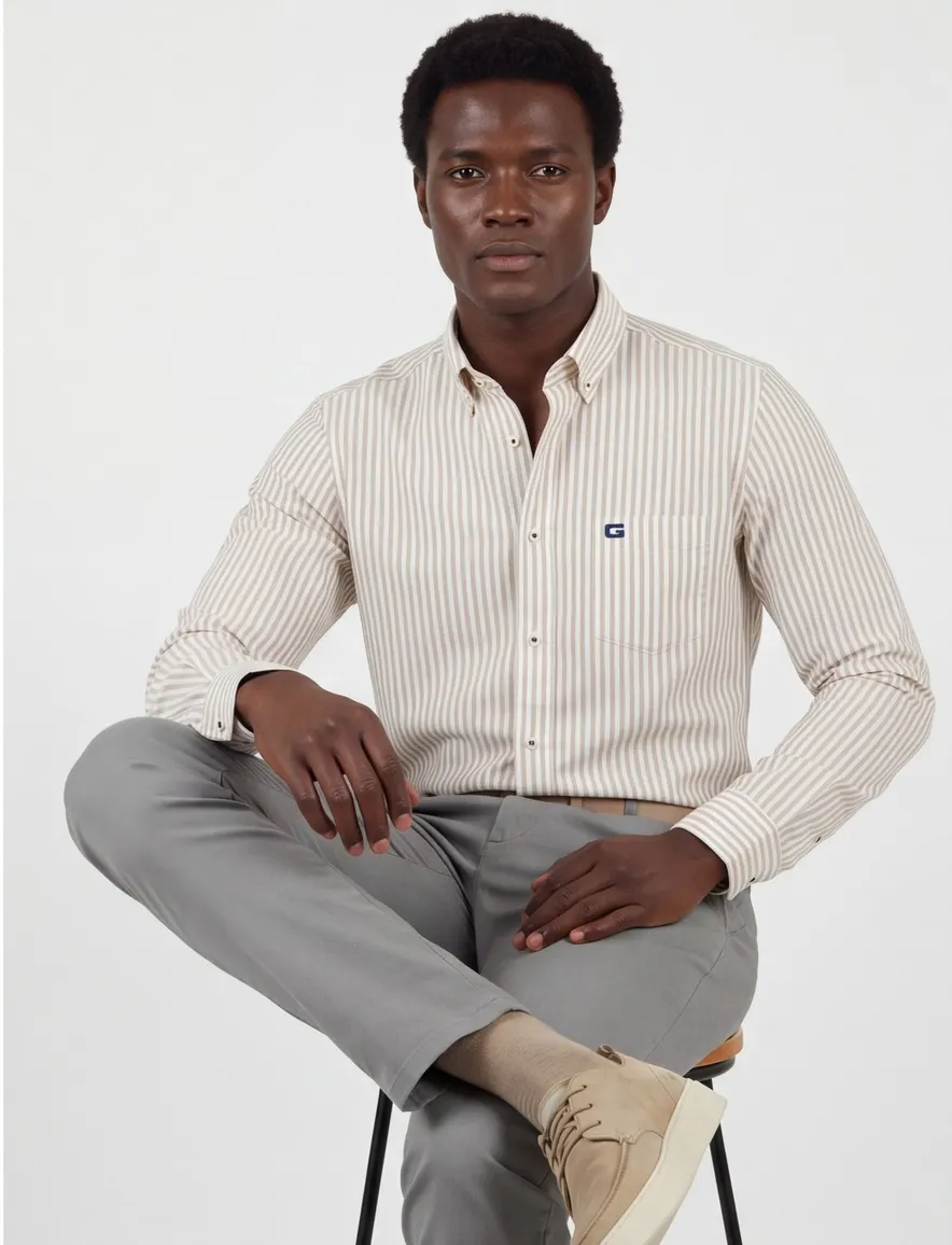 Giordano overhemd beige gestreept