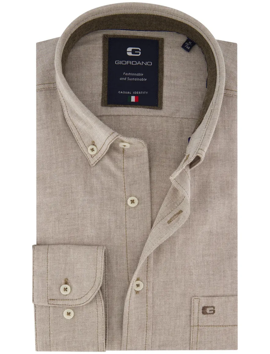 Giordano overhemd beige button-down borstzak flanel Regular Fit
