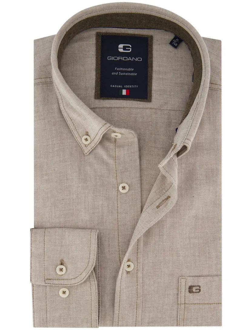 Giordano overhemd beige Regular Fit flanel button-down borstzak