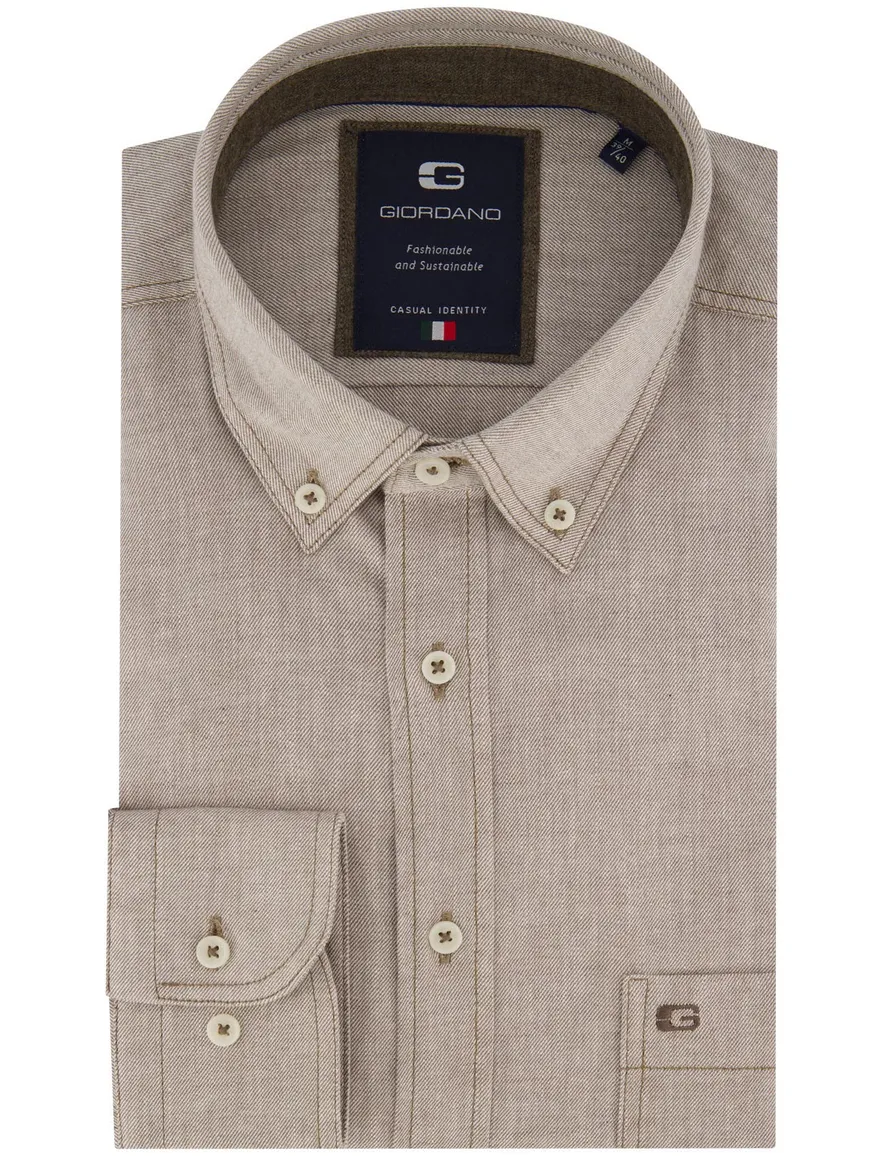 Giordano overhemd beige button-down borstzak flanel Regular Fit