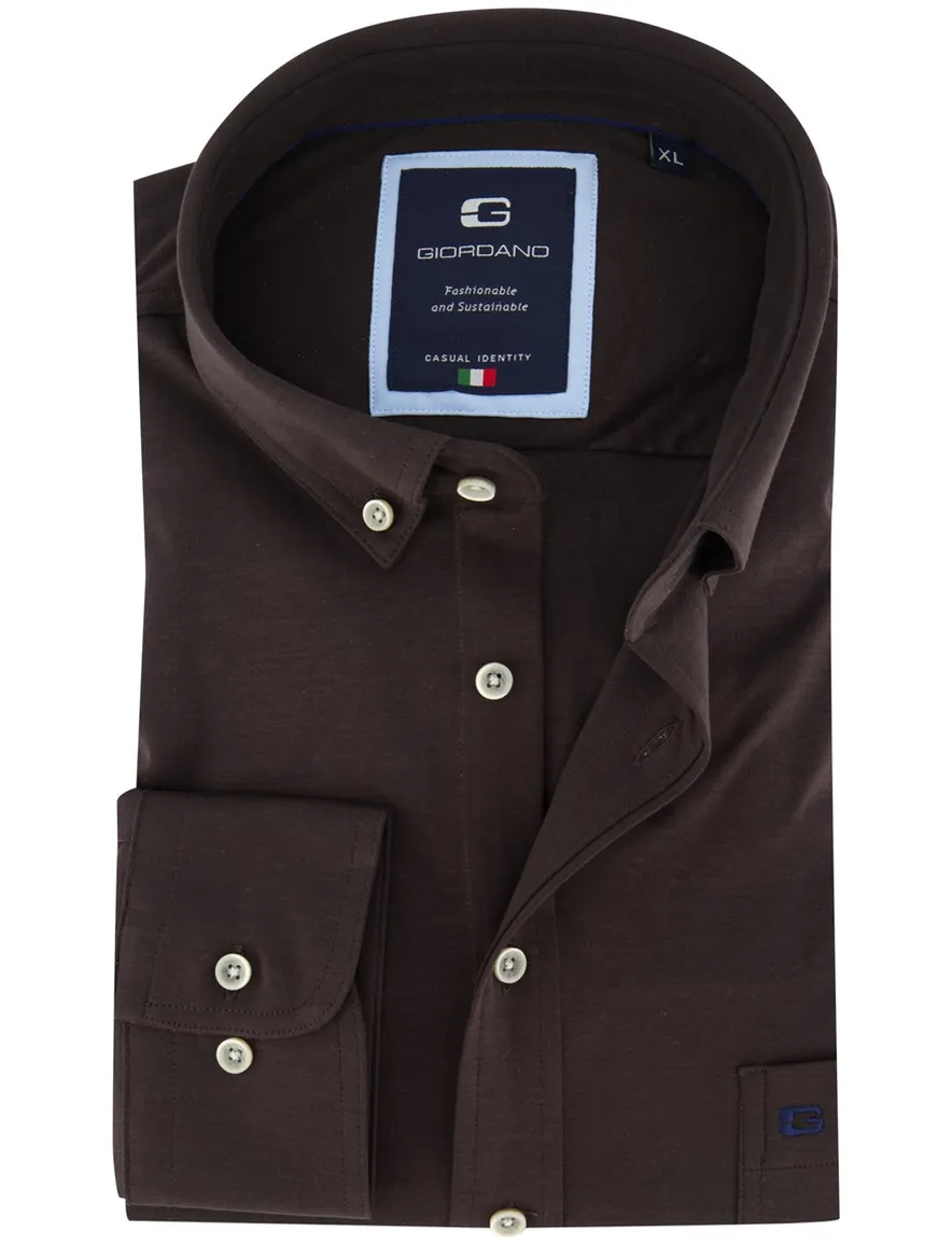 Giordano overhemd donkerbruin jersey effen