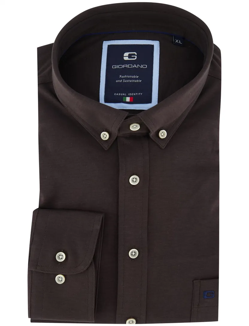 Giordano overhemd donkerbruin jersey button-down collar