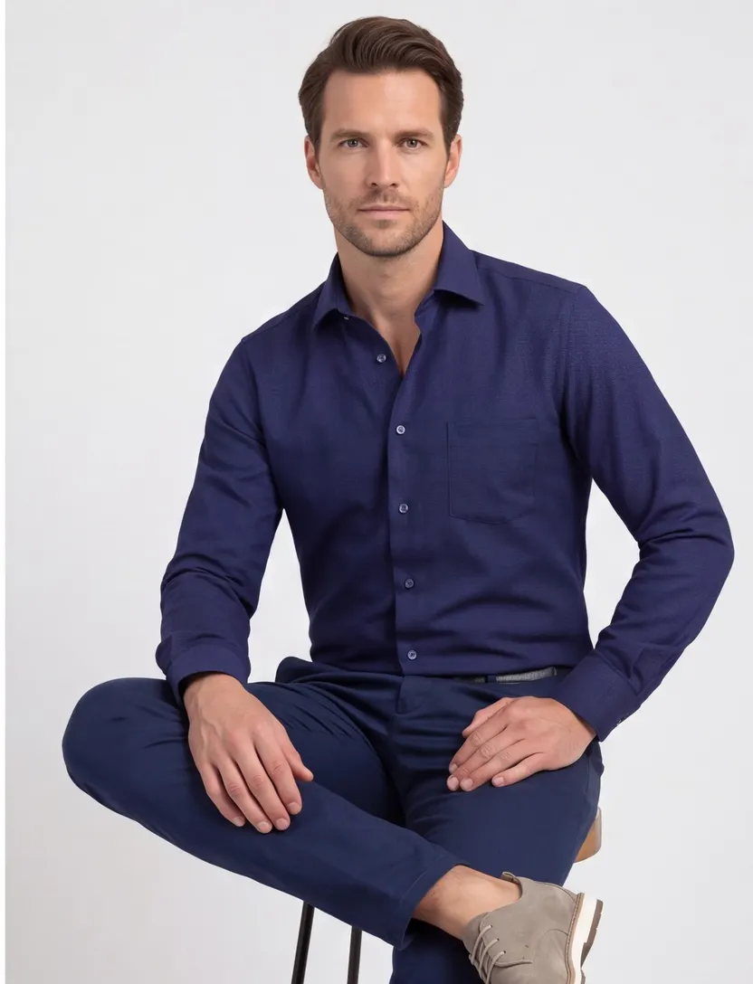 katoenen overhemd Olymp wijde fit effen donkerblauw