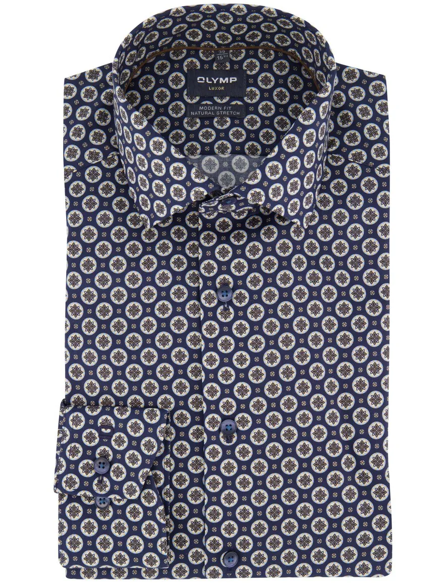 Olymp Luxor Modern Fit business overhemd donkerblauw geprint
