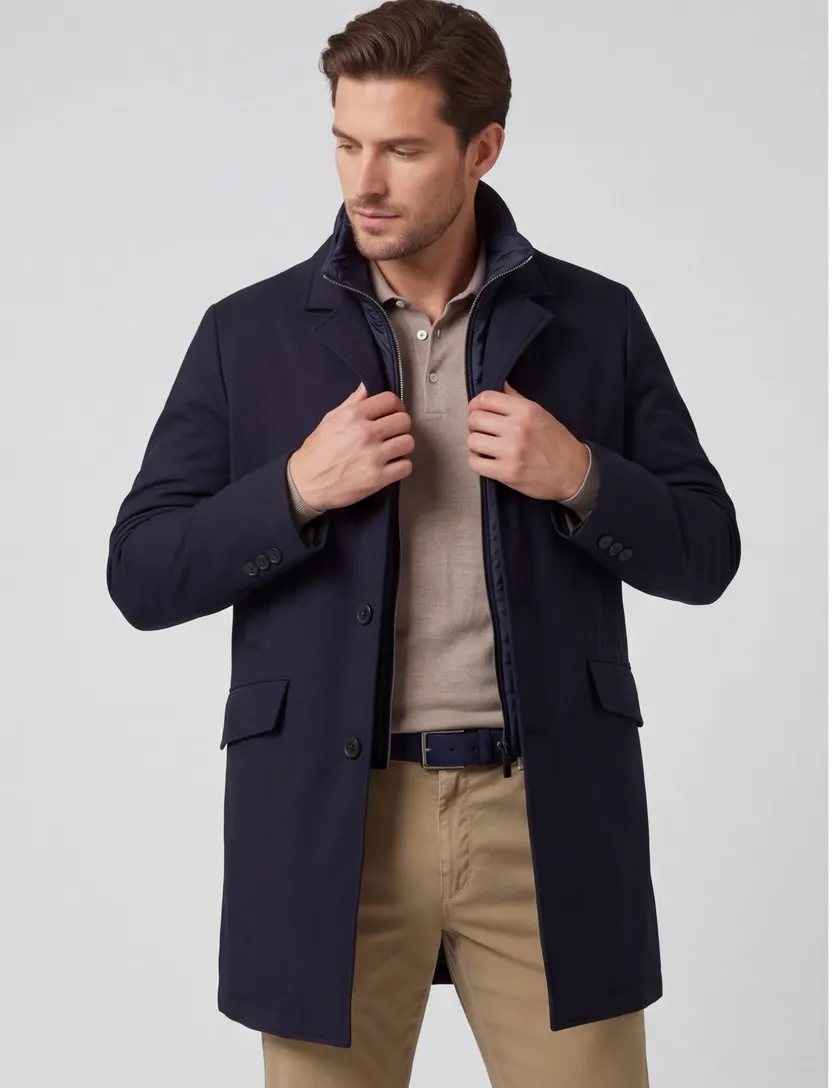 Mantel jas Duno Spencer waterdicht effen navy wol rits en knopen