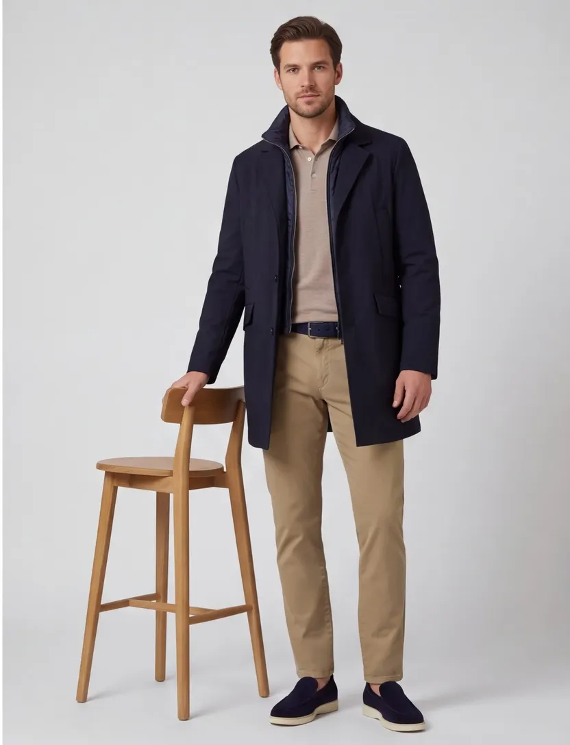 Mantel jas Duno Spencer waterdicht effen navy wol rits en knopen