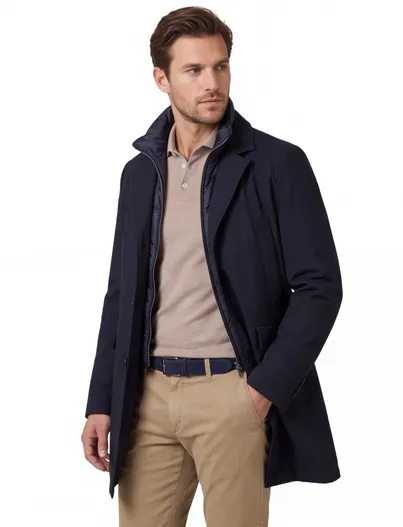 Duno Duno mantel jas Spencer waterdicht wol rits en knopen effen navy