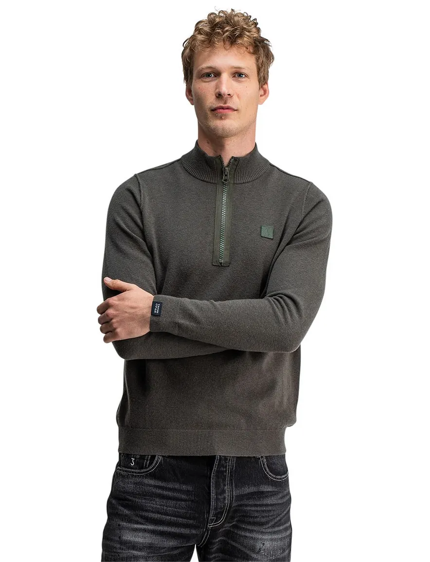 Butcher of blue trui half-zip groen effen