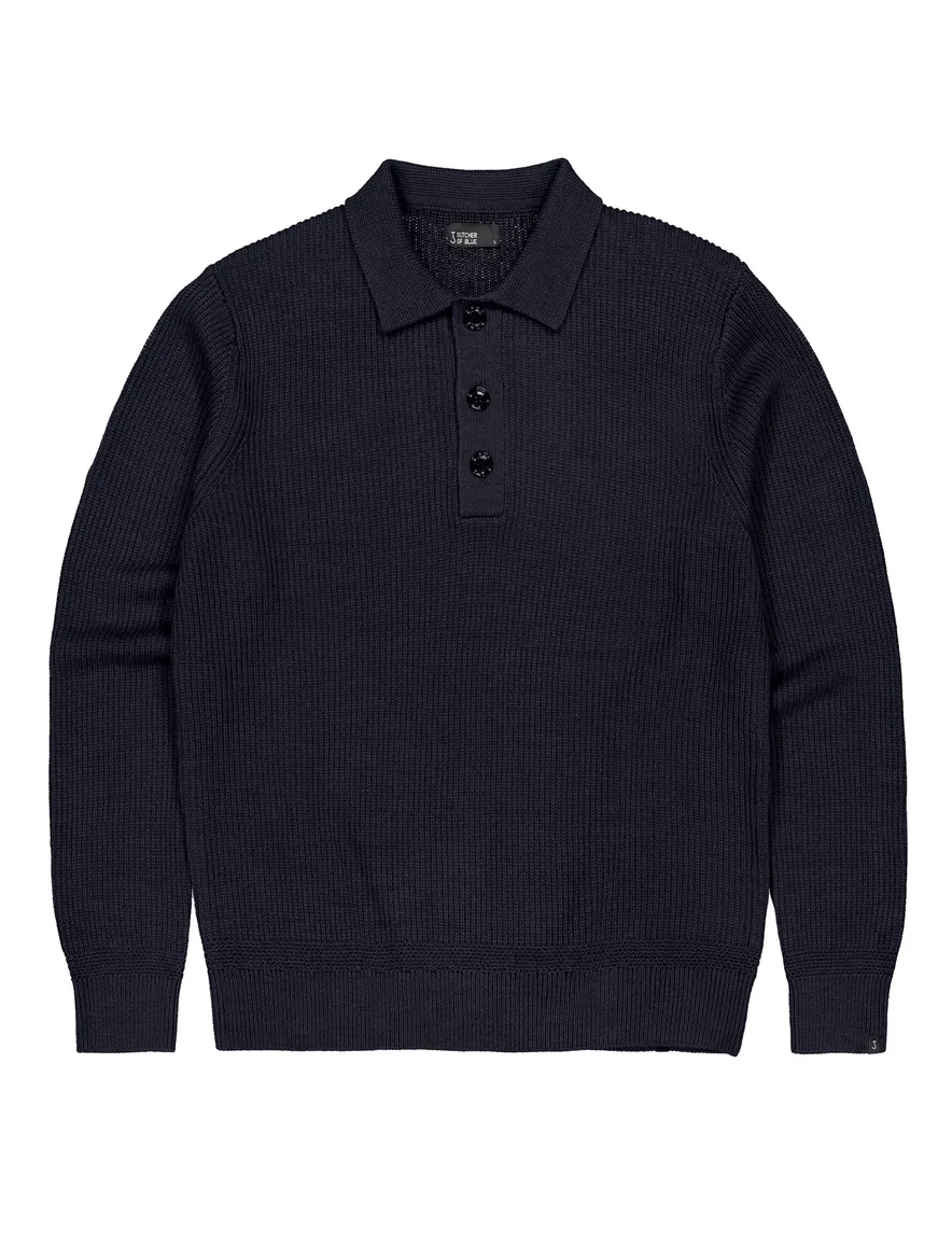 Butcher of Blue Galway trui donkerblauw knopen