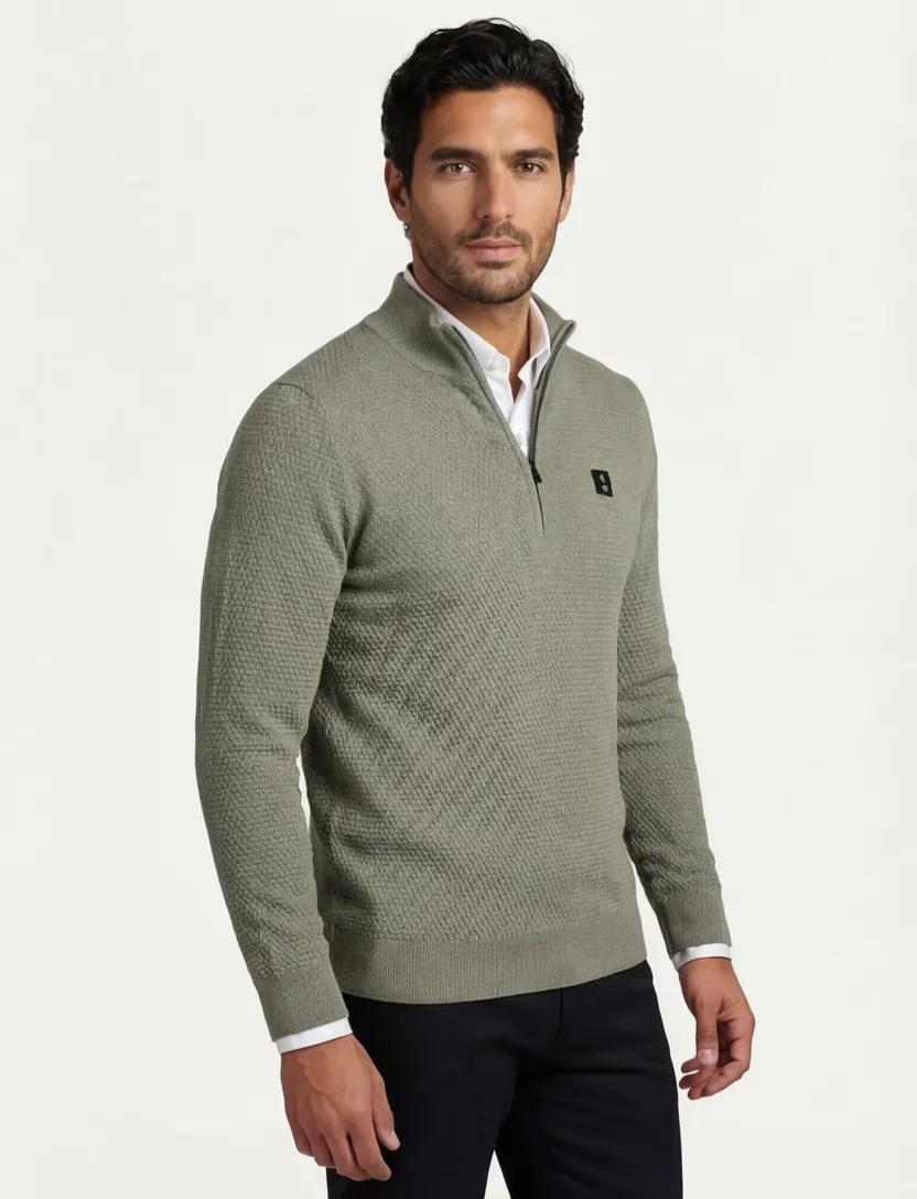 Butcher of blue effen groen half zip wol normale fit