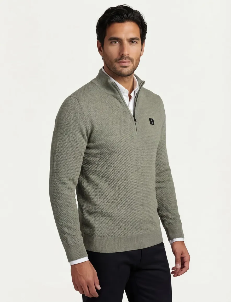 Butcher of blue effen groen normale fit half zip wol