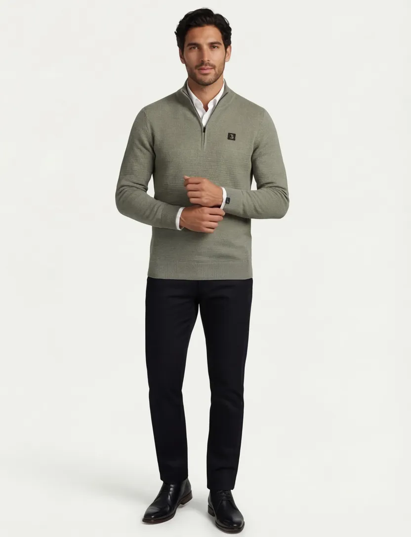 Butcher of blue effen groen half zip wol normale fit