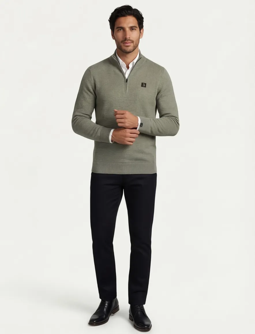 Butcher of blue effen groen normale fit half zip wol