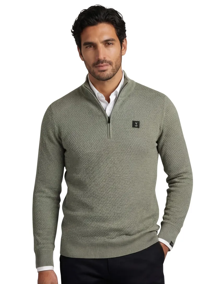 Butcher of blue effen groen half zip wol normale fit