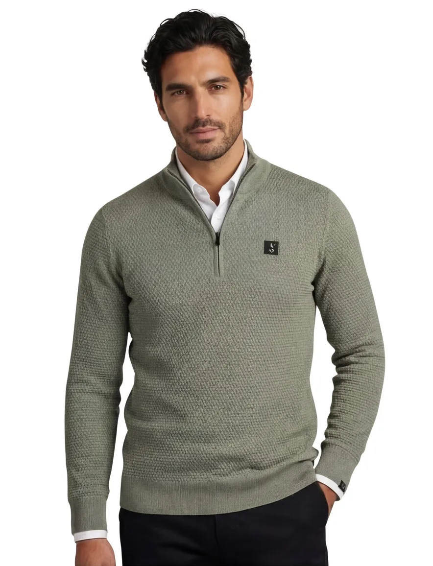Butcher of blue effen groen normale fit half zip wol