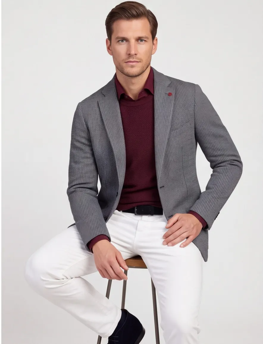 Roy Robson colbert effen grijs gebreid slim fit