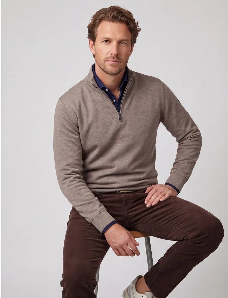 Baileys half zip beige normale fit katoen