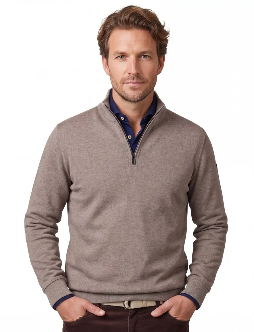 Baileys half zip beige normale fit katoen
