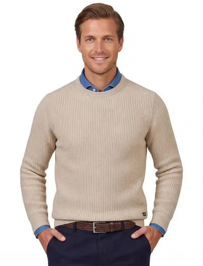 Baileys Baileys trui extra lang beige gestreepte textuur ronde hals