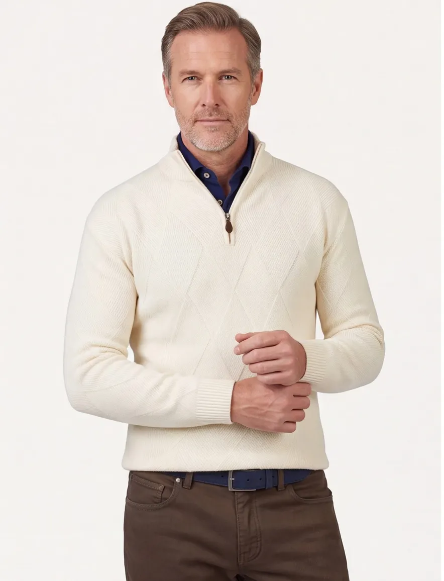 Baileys trui wit extra lang textuur half zip lamswol