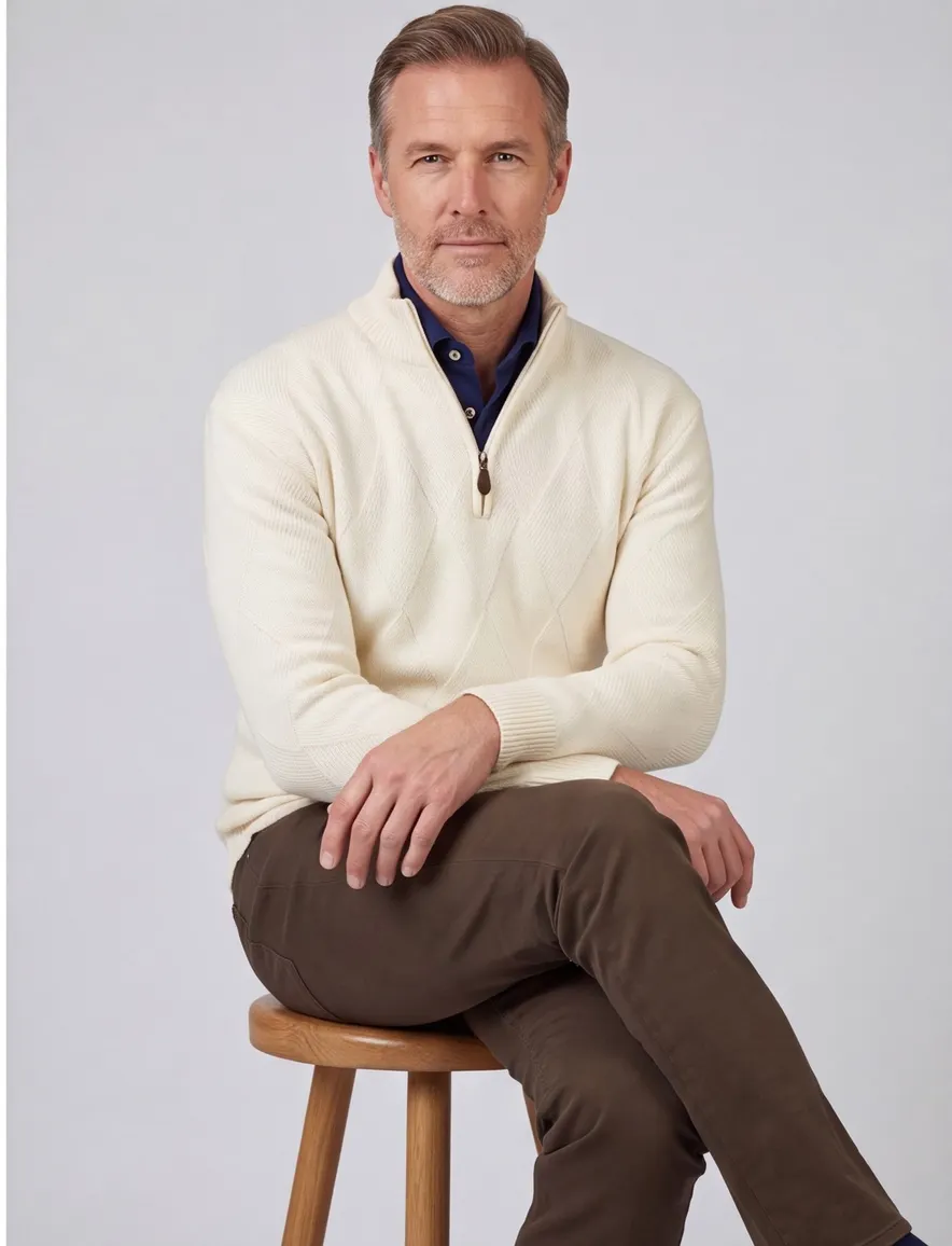 Baileys trui wit extra lang textuur half zip lamswol