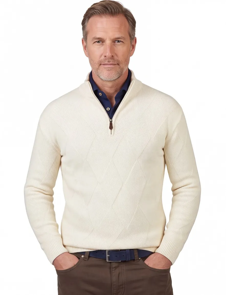 Baileys trui wit extra lang textuur half zip lamswol