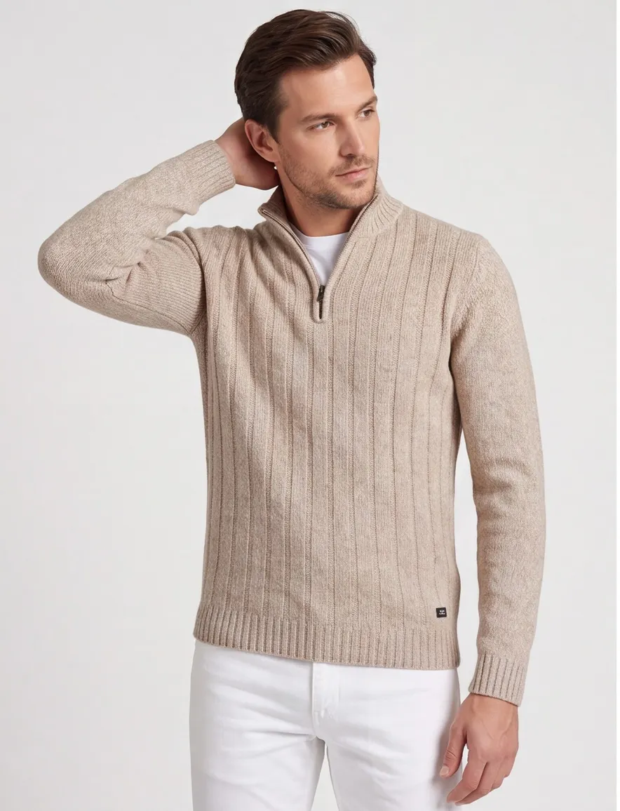 Baileys half zip trui beige gebreid extra lang wol