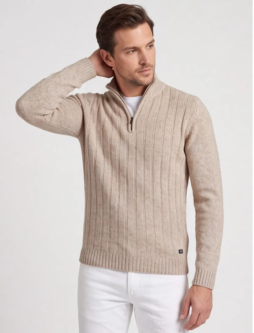 trui half zip Baileys beige gebreid extra lang wol
