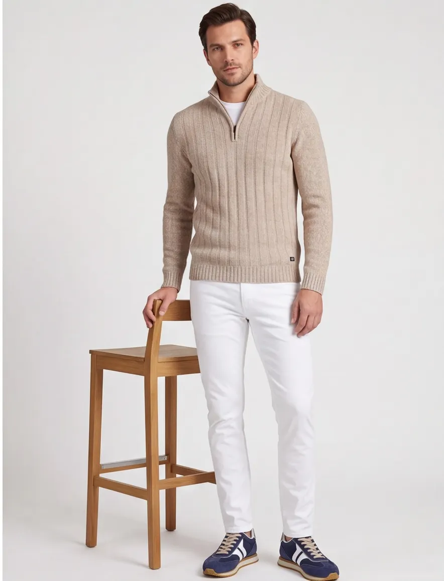 Baileys half zip trui beige gebreid extra lang