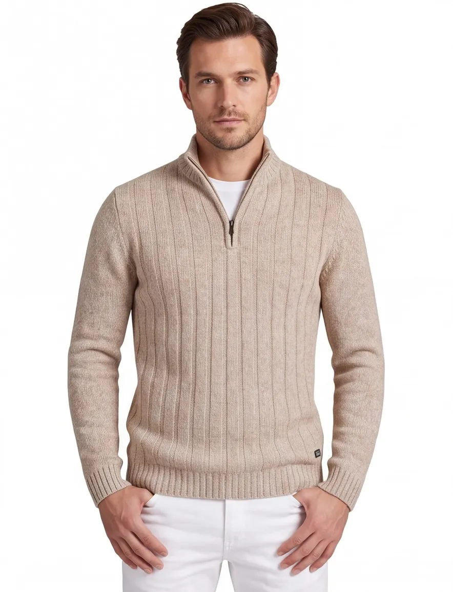 Baileys half zip trui beige gebreid extra lang wol
