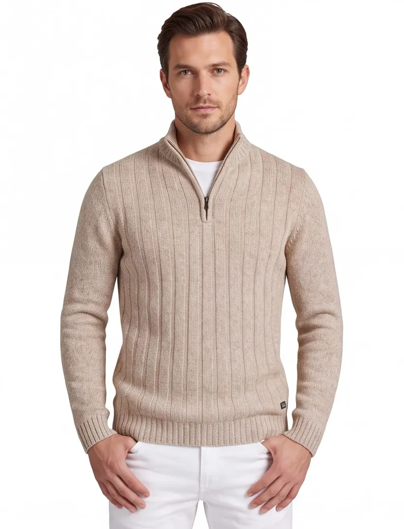 trui half zip Baileys beige gebreid extra lang wol