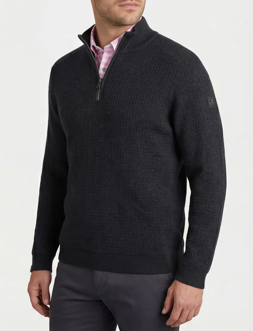Vanguard trui half zip navy Cotton Mouline gebreid lange mouw