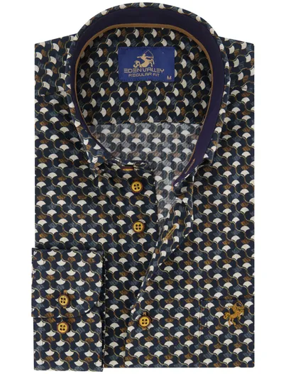 Eden Valley Eden Valley regular fit casual overhemd bruin navy geprint