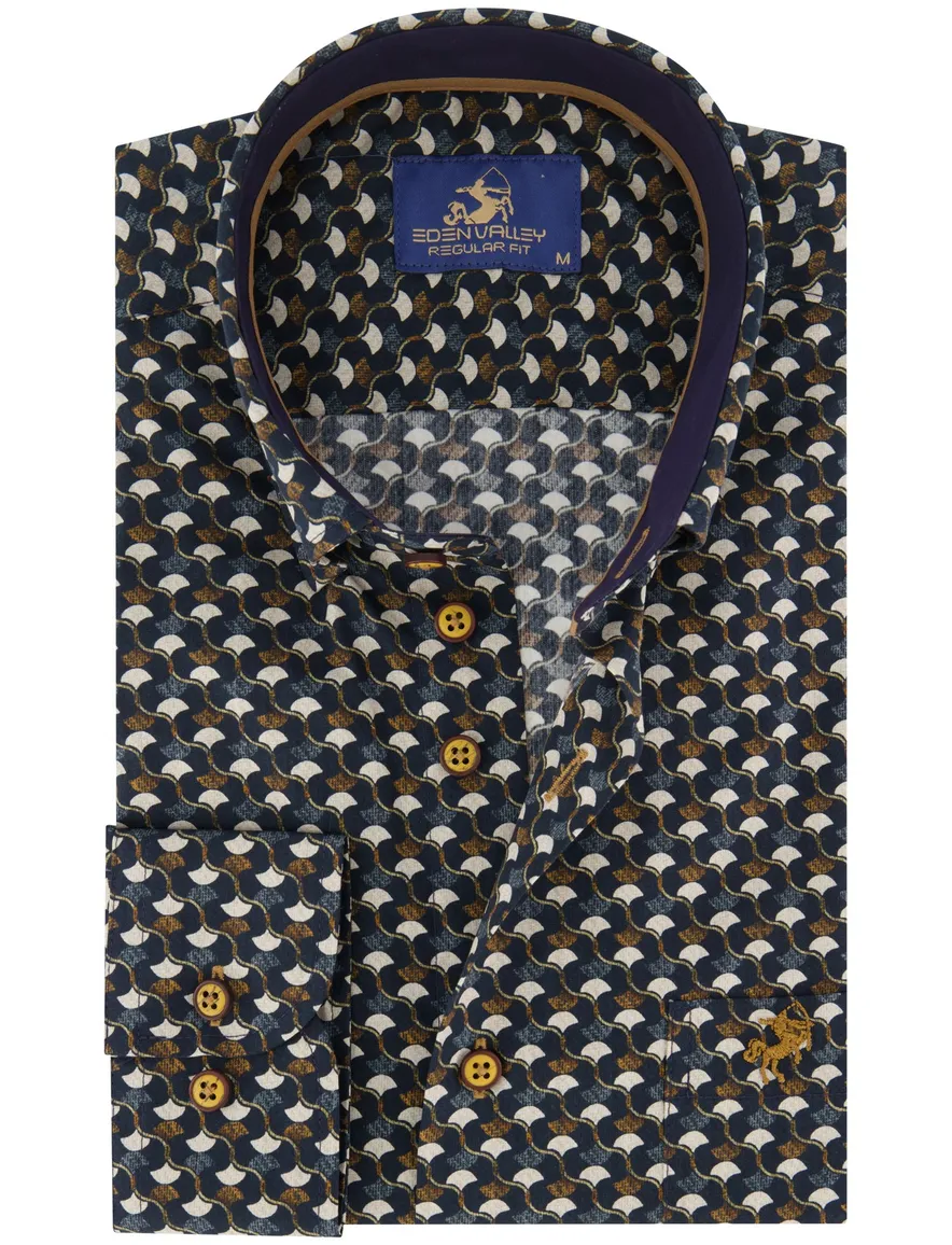 Eden Valley regular fit casual overhemd bruin navy geprint