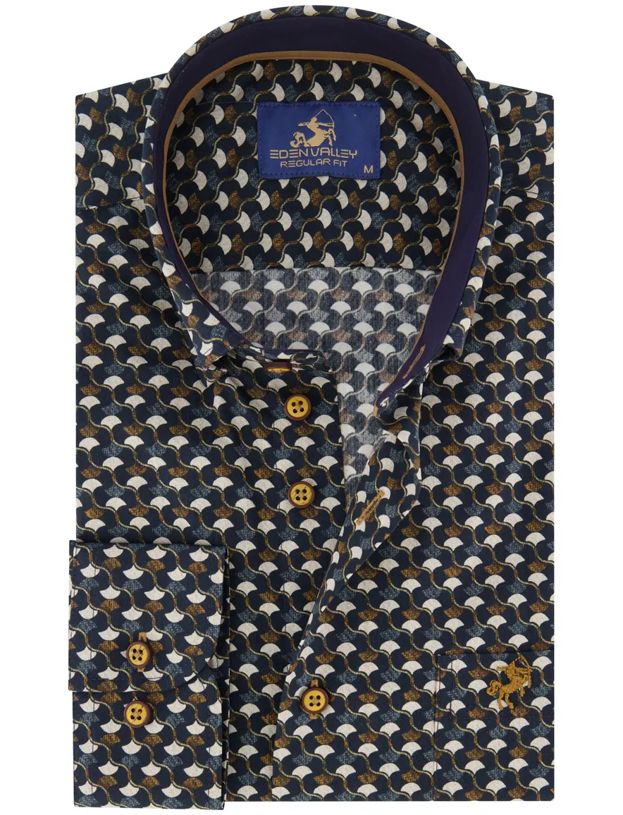 Eden Valley regular fit casual overhemd bruin navy geprint