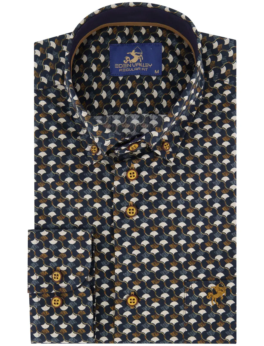 Eden Valley regular fit casual overhemd bruin navy geprint